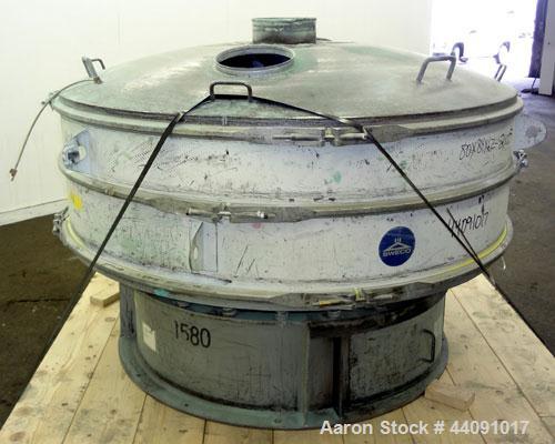 Used Sweco Screener, Carbon Steel. 72” Diameter single deck, 2 separation. Carbon steel top cover. Driven by a 5hp, 3/60/230/460 volt, 1120 rpm motor. Mounted on a carbon steel base.