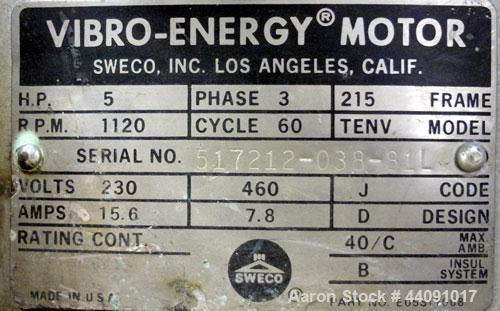 Used Sweco Screener, Carbon Steel. 72” Diameter single deck, 2 separation. Carbon steel top cover. Driven by a 5hp, 3/60/230/460 volt, 1120 rpm motor. Mounted on a carbon steel base.