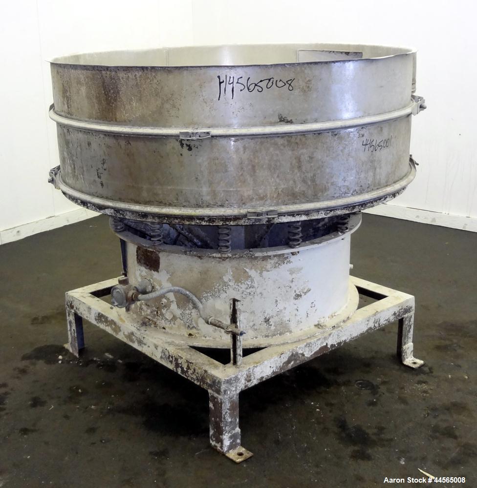 Used Sweco Screener, 304 Stainless Steel. 60" Diameter, single deck, 2 separation, no top cover. Driven by a 2.5hp, 3/60/230/460 volt, 1160 rpm motor. Mounted on a carbon steel base with a 12" tall c...