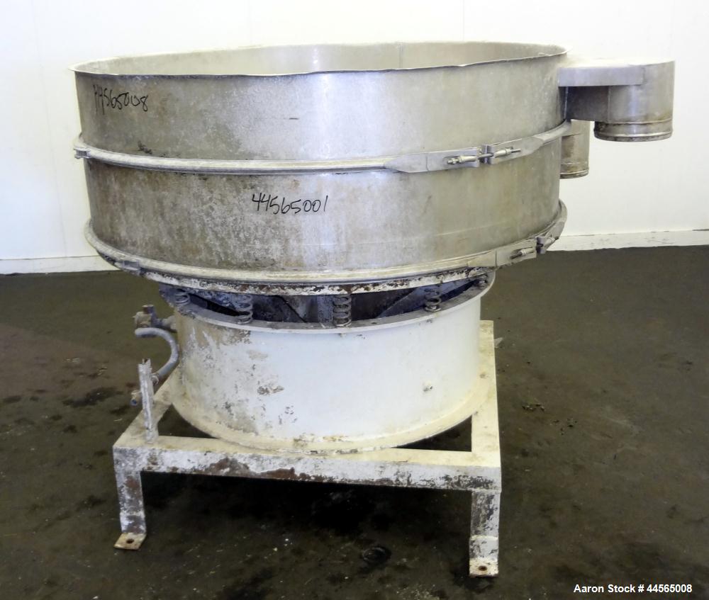 Used Sweco Screener, 304 Stainless Steel. 60" Diameter, single deck, 2 separation, no top cover. Driven by a 2.5hp, 3/60/230/460 volt, 1160 rpm motor. Mounted on a carbon steel base with a 12" tall c...
