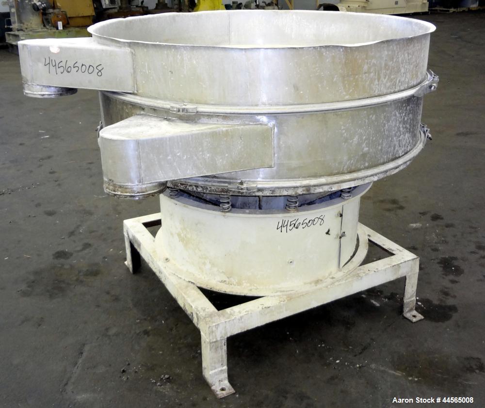 Used Sweco Screener, 304 Stainless Steel. 60" Diameter, single deck, 2 separation, no top cover. Driven by a 2.5hp, 3/60/230/460 volt, 1160 rpm motor. Mounted on a carbon steel base with a 12" tall c...