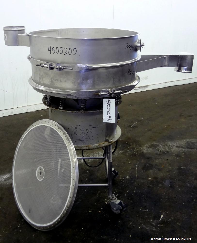 Used Sweco Screener, 30" Diameter, Stainless Steel. Single deck, 2 separation, no top cover. Includes motor. Mounted on a carbon steel base with legs, and casters. No manufacturers tag.