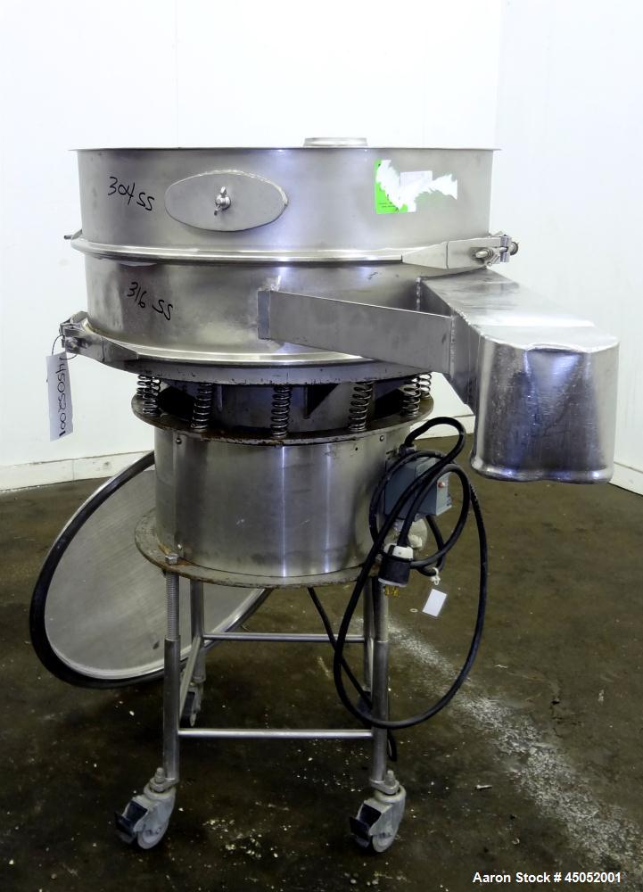 Used Sweco Screener, 30" Diameter, Stainless Steel. Single deck, 2 separation, no top cover. Includes motor. Mounted on a carbon steel base with legs, and casters. No manufacturers tag.