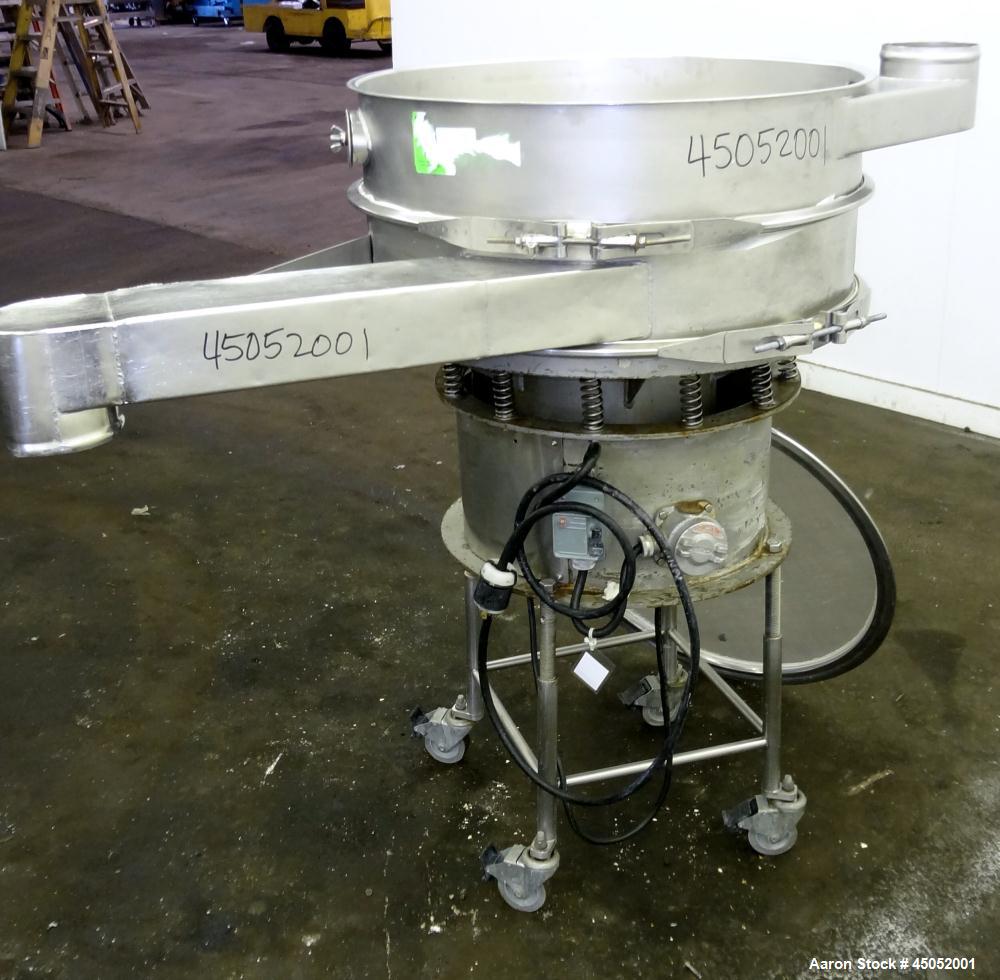Used Sweco Screener, 30" Diameter, Stainless Steel. Single deck, 2 separation, no top cover. Includes motor. Mounted on a carbon steel base with legs, and casters. No manufacturers tag.