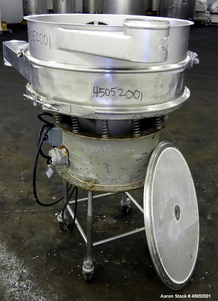 Used Sweco Screener, 30" Diameter, Stainless Steel. Single deck, 2 separation, no top cover. Includes motor. Mounted on a carbon steel base with legs, and casters. No manufacturers tag.