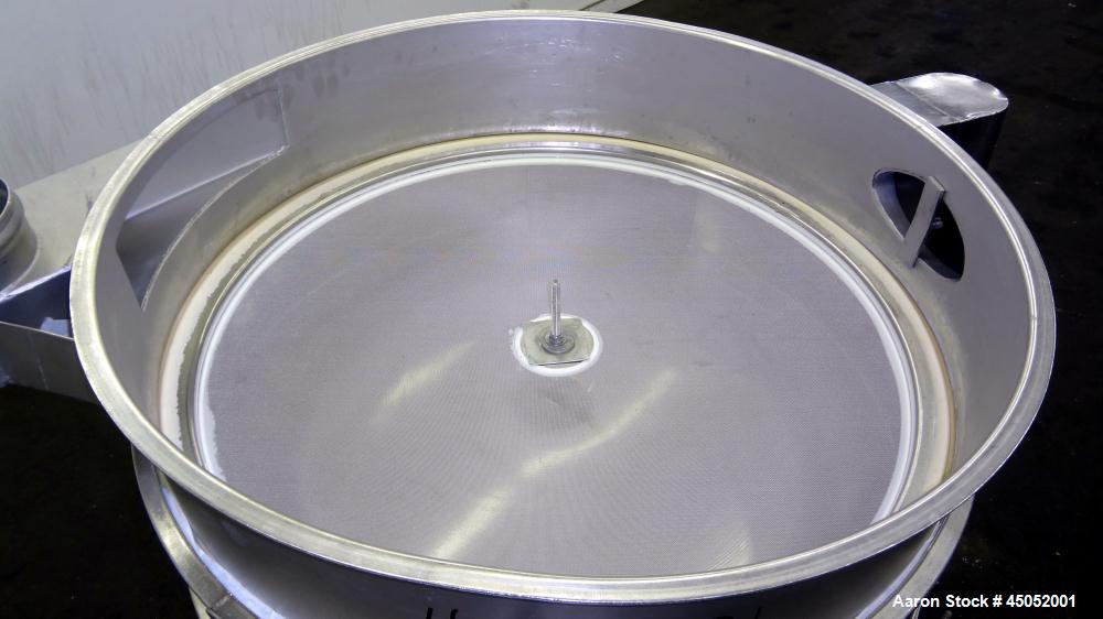 Used Sweco Screener, 30" Diameter, Stainless Steel. Single deck, 2 separation, no top cover. Includes motor. Mounted on a carbon steel base with legs, and casters. No manufacturers tag.