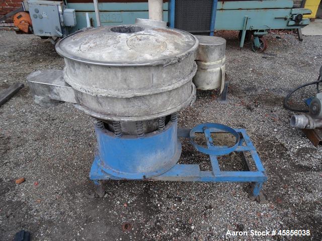 Used Sweco Screener, Stainless Steel, Model S24C44. 24" Diameter, single deck, 2 separation.  Driven by a 1/3 HP, 3/60/550 Volt, 1140 RPM Motor.  Mounted on a base.  Serial Number E8753C
