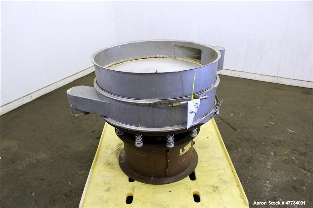 Used Sweco Screener, Carbon Steel. 30" Diameter, single deck, 2 separation, no top cover. Driven by an approximate 1/2hp motor. Mounted on a carbon steel base.