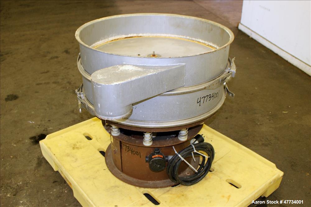 Used Sweco Screener, Carbon Steel. 30" Diameter, single deck, 2 separation, no top cover. Driven by an approximate 1/2hp motor. Mounted on a carbon steel base.