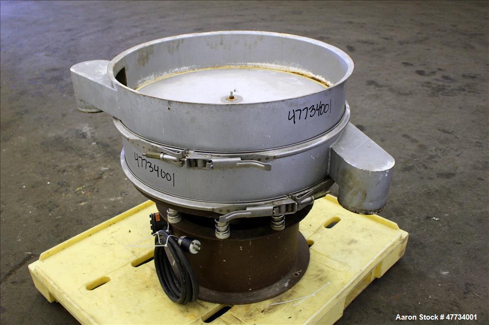 Used Sweco Screener, Carbon Steel. 30" Diameter, single deck, 2 separation, no top cover. Driven by an approximate 1/2hp motor. Mounted on a carbon steel base.