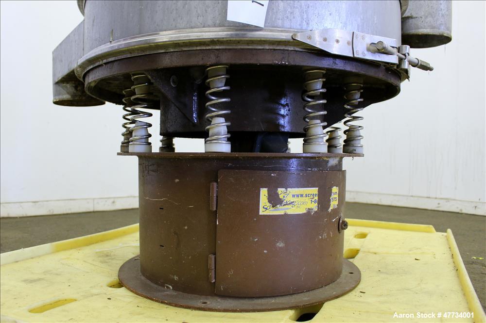 Used Sweco Screener, Carbon Steel. 30" Diameter, single deck, 2 separation, no top cover. Driven by an approximate 1/2hp motor. Mounted on a carbon steel base.