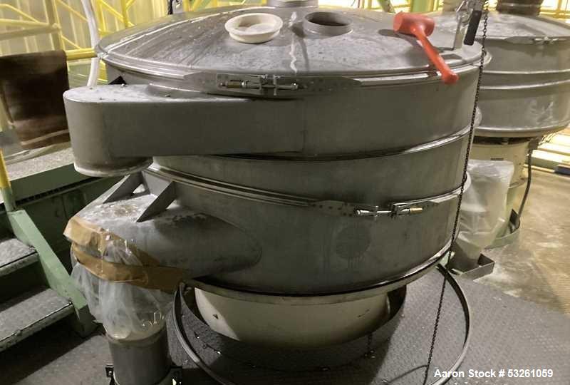 Used Sweco Stainless Steel Sifter Separator, 60". F-5118. Single deck. With base and 2.5 HP Motor Drive. Stainless top cover. With Screens.