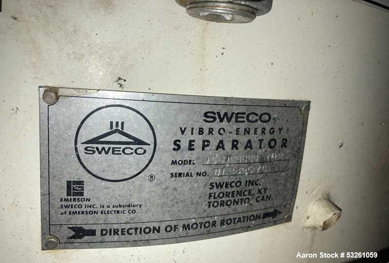 Used Sweco Stainless Steel Sifter Separator, 60". F-5118. Single deck. With base and 2.5 HP Motor Drive. Stainless top cover. With Screens.