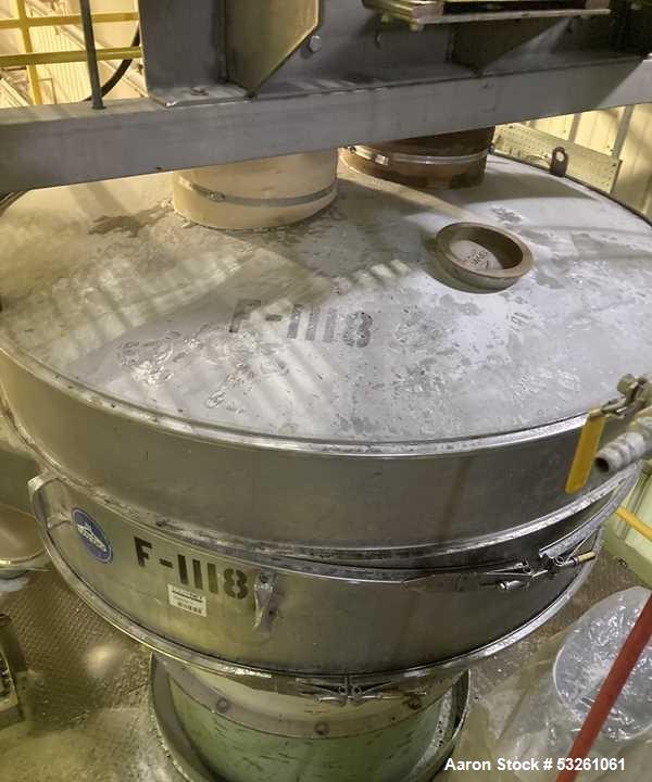 Used 60" Sweco Stainless Steel Sifter Separator, F-1118. 60" diameter, 2 Deck, 3 Seperations. Top Cover. Has Base, motor drive, and screens.