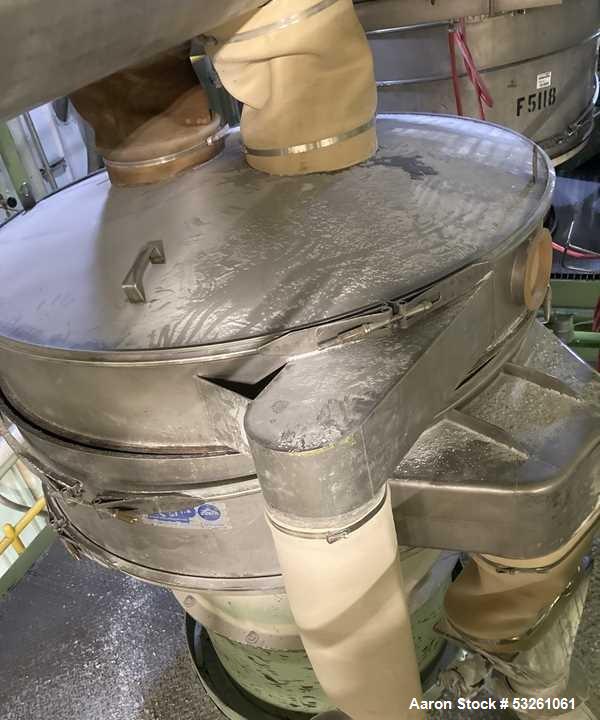 Used 60" Sweco Stainless Steel Sifter Separator, F-1118. 60" diameter, 2 Deck, 3 Seperations. Top Cover. Has Base, motor drive, and screens.