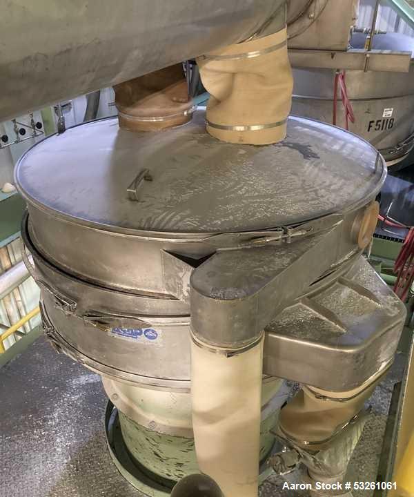 Used 60" Sweco Stainless Steel Sifter Separator, F-1118. 60" diameter, 2 Deck, 3 Seperations. Top Cover. Has Base, motor drive, and screens.