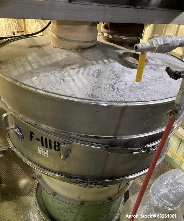 Used 60" Sweco Stainless Steel Sifter Separator, F-1118. 60" diameter, 2 Deck, 3 Seperations. Top Cover. Has Base, motor drive, and screens.