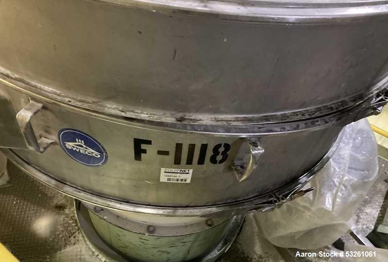 Used 60" Sweco Stainless Steel Sifter Separator, F-1118. 60" diameter, 2 Deck, 3 Seperations. Top Cover. Has Base, motor drive, and screens.