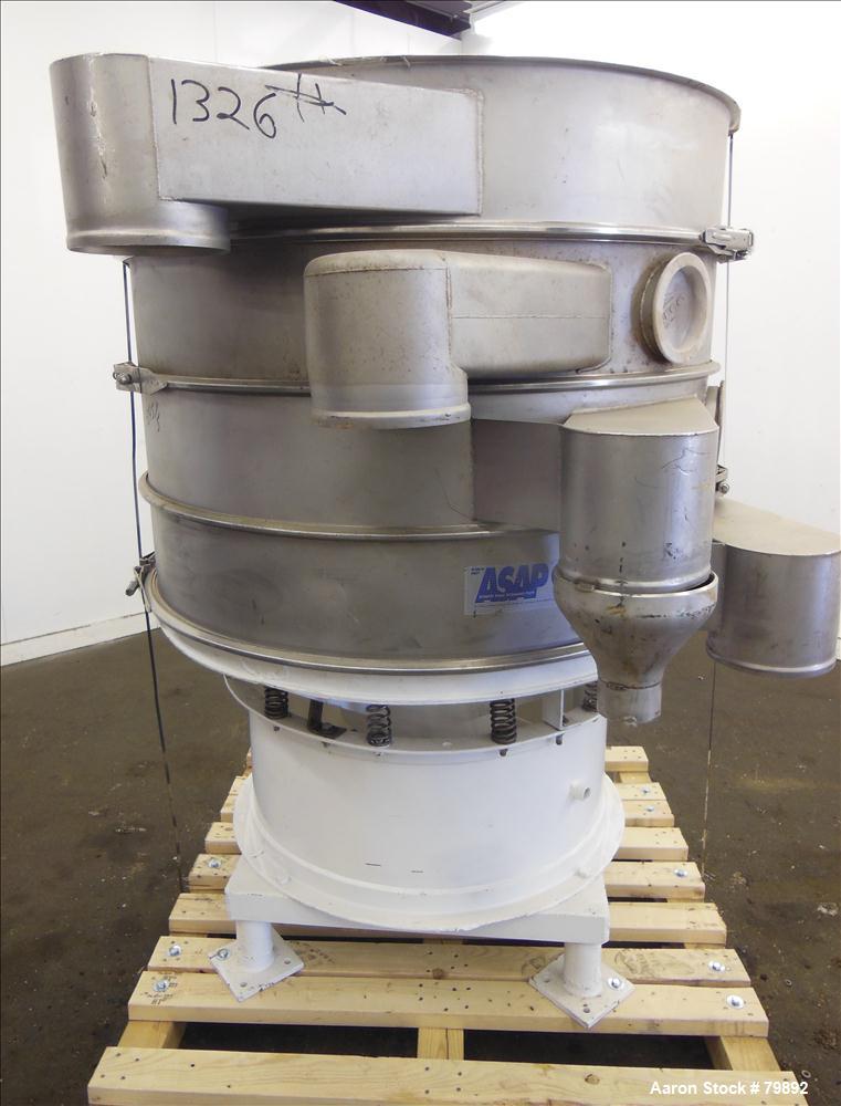 Used Sweco Screener, 48" Diameter, 304 Stainless Steel. (3) Deck, 4 separation, no top cover. Driven by an approximate 1-1/2 hp motor. Mounted on a carbon steel base with legs.