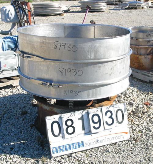 USED: Sweco Screener, 48" Diameter, 316 Stainless Steel.  Double deck, 3 separation, no top cover.  Driven by a 1 HP, 3/60/460 Volt, 1200 RPM motor.  Mounted on a carbon steel base.
