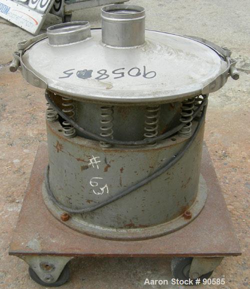 USED: Sweco screener model S18S3333, 304 stainless steel.  18" diameter, no decks, top cover.  Driven by a 1/4 hp, 1/60/115 volt, 1100 rpm motor.  Mounted on a carbon steel base on casters.
