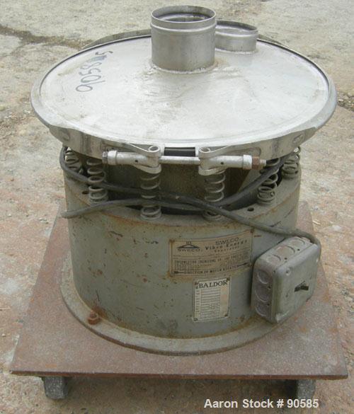 USED: Sweco screener model S18S3333, 304 stainless steel.  18" diameter, no decks, top cover.  Driven by a 1/4 hp, 1/60/115 volt, 1100 rpm motor.  Mounted on a carbon steel base on casters.
