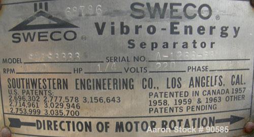 USED: Sweco screener model S18S3333, 304 stainless steel.  18" diameter, no decks, top cover.  Driven by a 1/4 hp, 1/60/115 volt, 1100 rpm motor.  Mounted on a carbon steel base on casters.
