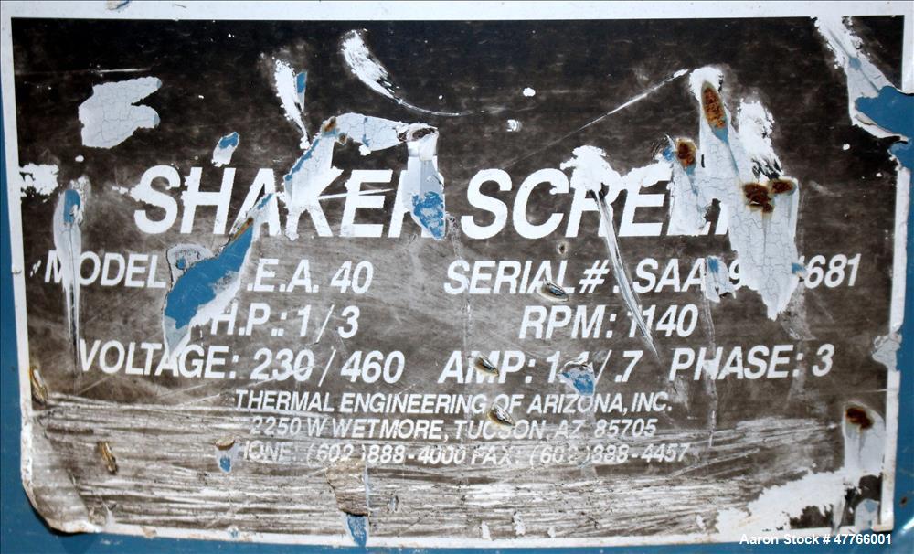Used Thermal Engineering of Arizona Shaker Screen, Model T.E.A. 40, 304 Stainless Steel. 40" Diameter single deck, (2) separation, no top cover. Driven by 1/3hp, 3/60/230/460 volt, 1140 rpm motor. Mo...