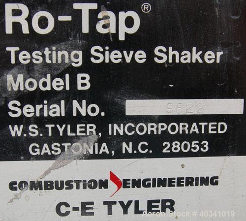 Used W.S. Tyler Rotap testing sieve shaker, model B, 8" diameter. Driven by a 1/4 hp, 1/60/115/208-230 volt, 1725 rpm motor. Base mounted.