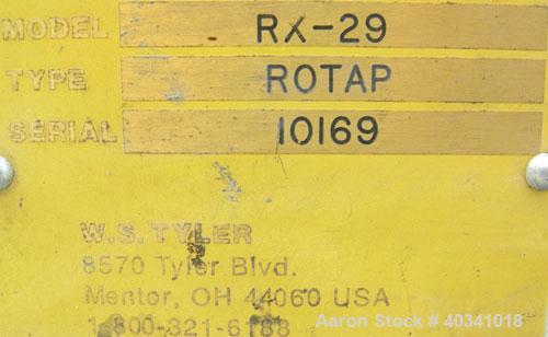 Used W.S. Tyler Rotap testing sieve shaker, model RX29, 8" diameter. Driven by a 1/4 hp, 1/60/115/230 volt, 1725 rpm motor. Base mounted.