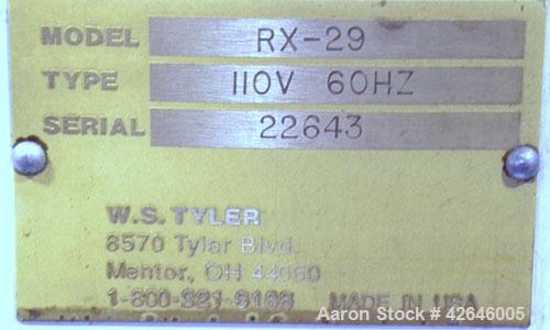 Used W.S. Tyler Ro-Tap Testing Sieve Shaker, model RX-29, 8" diameter. 278 Revolutions per minute, 150 tappings per minute. Driven by a  1/4 hp, 1/60/115/230 volt, 1725 rpm motor. Includes a model R3...