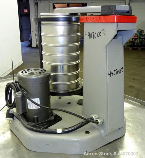 Used W.S. Tyler Ro-Tap Testing Sieve Shaker, Model RX-29. 8" Diameter. 278 Revolutions per minute, 150 tappings per minute. Driven by a 1/4hp, 115/208-230 volt, 1725 rpm motor. Base mounted.