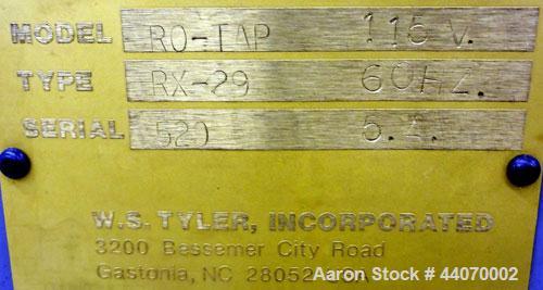 Used W.S. Tyler Ro-Tap Testing Sieve Shaker, Model RX-29. 8" Diameter. 278 Revolutions per minute, 150 tappings per minute. Driven by a 1/4hp, 115/208-230 volt, 1725 rpm motor. Base mounted.