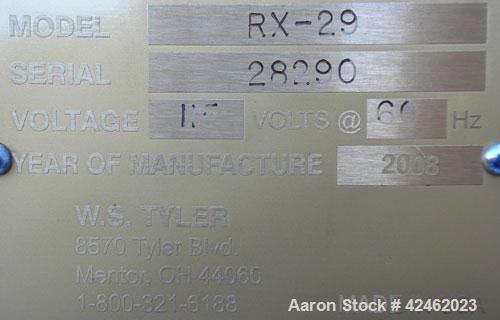 Used W.S. Tyler Ro-Tap Testing Sieve Shaker, Model RX29. 8" Diameter pans. Driven by a 1/4 hp, 1/60/115/230 volt, 1725 rpm motor. Base mounted. Built 2008.