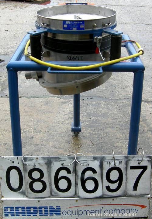 Used Vorti-Siv Vibratory Sieving Machine, Model RVM-15E, 304 Stainless Steel. (1) 15" diameter 80 mesh sieve. Bottom collection hopper with 2" outlet. Driven by a (.26) hp, 3/60/230/460 volt, 3600 rp...