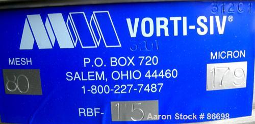 Used Vorti-Siv Vibratory Sieving Machine, Model RVM-15E, 304 Stainless Steel. (1) 15" diameter 80 mesh sieve. Bottom collection hopper with 2" outlet. Driven by a (.26) hp, 3/60/230/460 volt, 3600 rp...