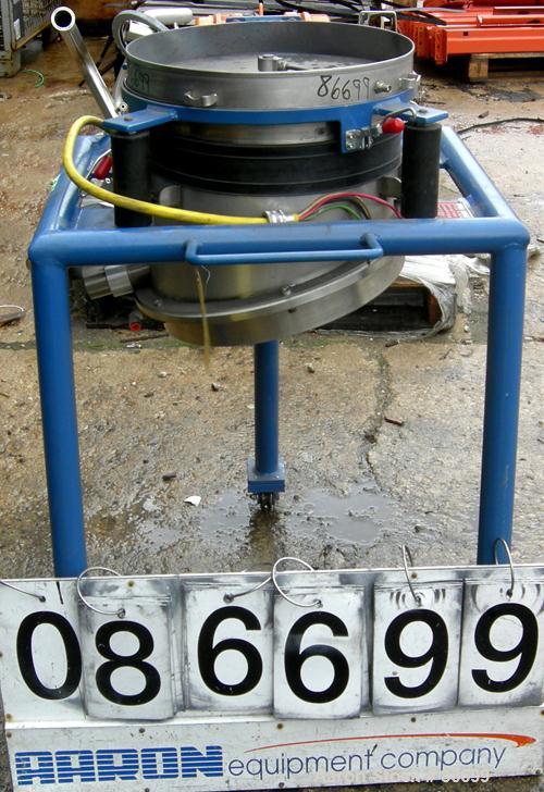 Used Vorti-Siv Vibratory Sieving Machine, Model RVM-15E, 304 Stainless Steel. (1) 15" diameter 80 mesh sieve. Bottom collection hopper with 2" outlet. Driven by a (.26) hp, 3/60/230/460 volt, 3600 rp...