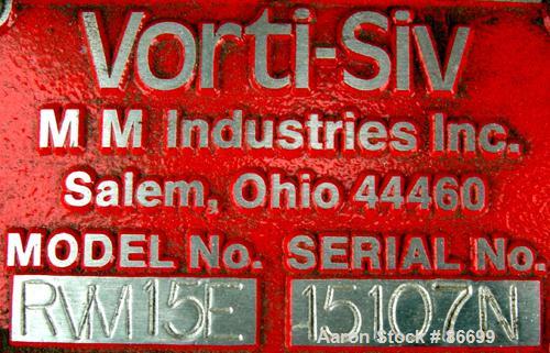 Used Vorti-Siv Vibratory Sieving Machine, Model RVM-15E, 304 Stainless Steel. (1) 15" diameter 80 mesh sieve. Bottom collection hopper with 2" outlet. Driven by a (.26) hp, 3/60/230/460 volt, 3600 rp...