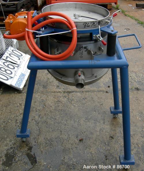 Used Vorti-Siv Vibratory Sieving Machine, Model RVM-15E, 304 Stainless Steel. (1) 15" diameter 80 mesh sieve. Bottom collection hopper with 2" outlet. Driven by a (.26) hp, 3/60/230/460 volt, 3600 rp...
