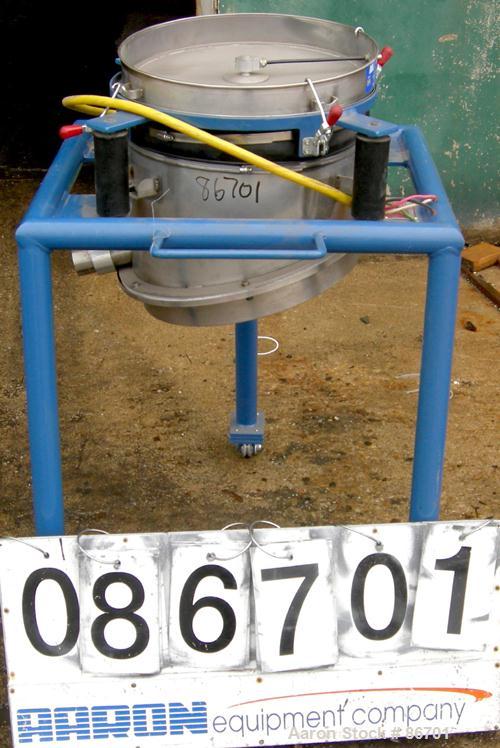Used Vorti-Siv Vibratory Sieving Machine, Model RVM-15E, 304 Stainless Steel. (1) 15" diameter 94 mesh sieve. Bottom collection hopper with 2" outlet. Driven by a (.26) hp, 3/60/230/460 volt, 3600 rp...