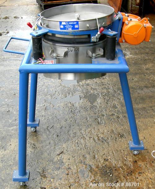 Used Vorti-Siv Vibratory Sieving Machine, Model RVM-15E, 304 Stainless Steel. (1) 15" diameter 94 mesh sieve. Bottom collection hopper with 2" outlet. Driven by a (.26) hp, 3/60/230/460 volt, 3600 rp...