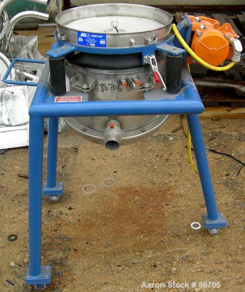 Used Vorti-Siv Vibratory Sieving Machine, Model RVM-15E, 304 Stainless Steel. (1) 15" diameter 80 mesh sieve. Bottom collection hopper with 2" outlet. Driven by a (.26) hp, 3/60/230/460 volt, 3600 rp...