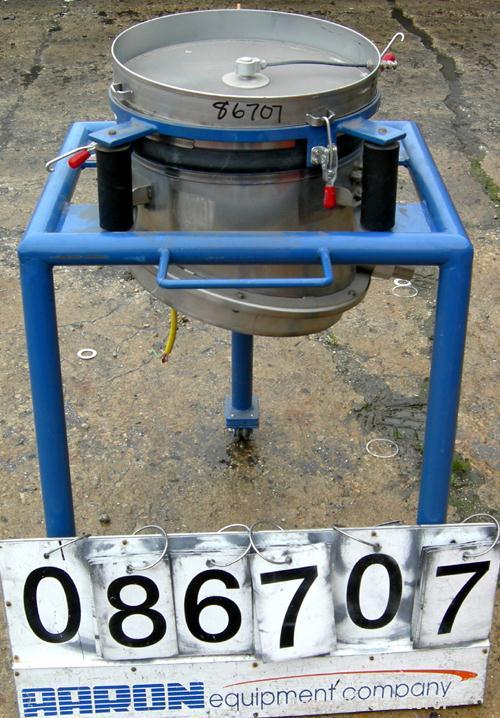 Used Vorti-Siv Vibratory Sieving Machine, Model RVM-15E, 304 Stainless Steel. (1) 15" diameter mesh sieve. Bottom collection hopper with 2" outlet. Driven by a (.26) hp, 3/60/230/460 volt, 3600 rpm m...