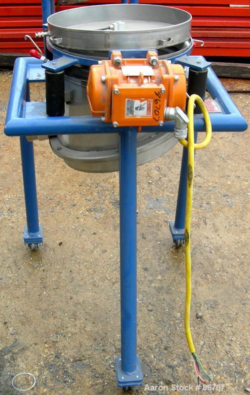 Used Vorti-Siv Vibratory Sieving Machine, Model RVM-15E, 304 Stainless Steel. (1) 15" diameter mesh sieve. Bottom collection hopper with 2" outlet. Driven by a (.26) hp, 3/60/230/460 volt, 3600 rpm m...