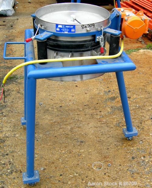 Used Vorti-Siv Vibratory Sieving Machine, Model RVM-15E, 304 Stainless Steel. (1) 15" diameter 94 mesh sieve. Bottom collection hopper with 2" outlet. Driven by a (.26) hp, 3/60/230/460 volt, 3600 rp...
