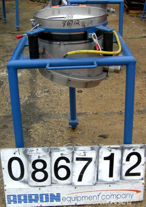 Used Vorti-Siv Vibratory Sieving Machine, Model RVM-15E, 304 Stainless Steel. (1) 15" diameter 94 mesh sieve. Bottom collection hopper with 2" outlet. Driven by a (.26) HP, 3/60/230/460 Volt, 3600 RP...
