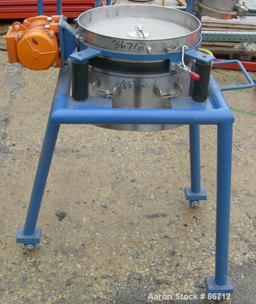 Used Vorti-Siv Vibratory Sieving Machine, Model RVM-15E, 304 Stainless Steel. (1) 15" diameter 94 mesh sieve. Bottom collection hopper with 2" outlet. Driven by a (.26) HP, 3/60/230/460 Volt, 3600 RP...