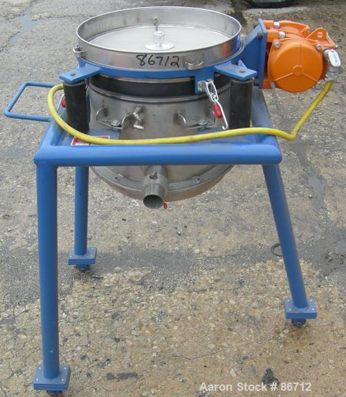 Used Vorti-Siv Vibratory Sieving Machine, Model RVM-15E, 304 Stainless Steel. (1) 15" diameter 94 mesh sieve. Bottom collection hopper with 2" outlet. Driven by a (.26) HP, 3/60/230/460 Volt, 3600 RP...