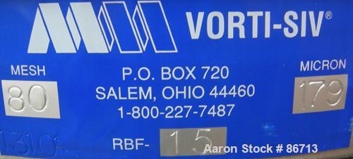 Used Vorti-Siv Vibratory Sieving Machine, Model RVM-15E, 304 Stainless Steel. (1) 15" diameter 80 mesh sieve. Bottom collection hopper with 2" outlet. Driven by a (.26) HP, 3/60/230/460 Volt, 3600 RP...