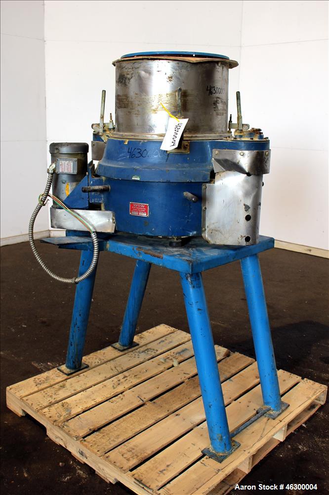 Used Vorti-Siv Vibratory Sieving Machine, Model XL AVS20000, 304 Stainless Steel. Approximately 22" diameter. Single deck, pass thru design. Driven by 2 hp, 3/60/208-230/460 volt, 1725 rpm motor. 3-1...